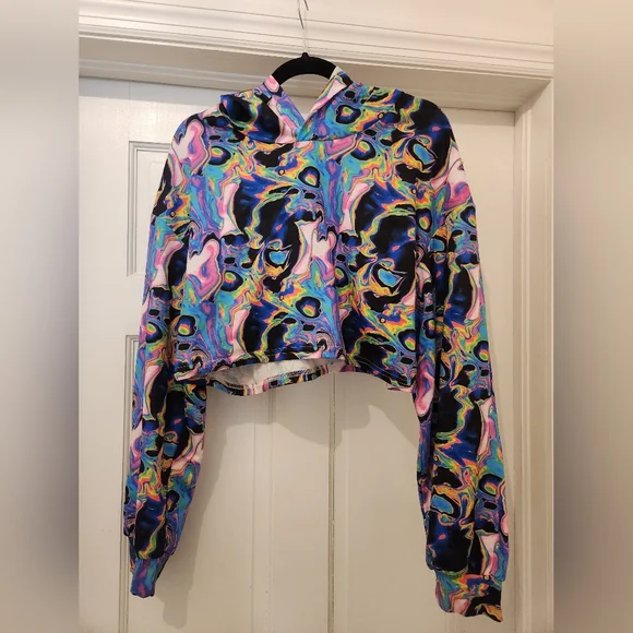 90s Y2K Neon Marble Rave Festival Cropped Hoodie L - Picture 1 of 4